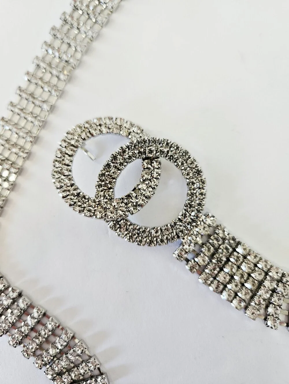 Clear Rhinestone Extra Long O-Ring Buckle Adjustable Tassel Chain Linked Belt 3X
